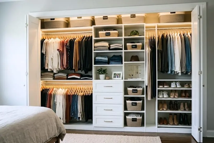 Reach-in bedroom closet organization system with hanging clothes, drawers, labeled storage baskets, shoe shelves, and built-in lighting