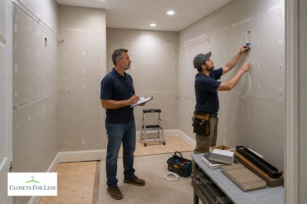 Contractors preparing a walk-in closet for a custom storage system installation