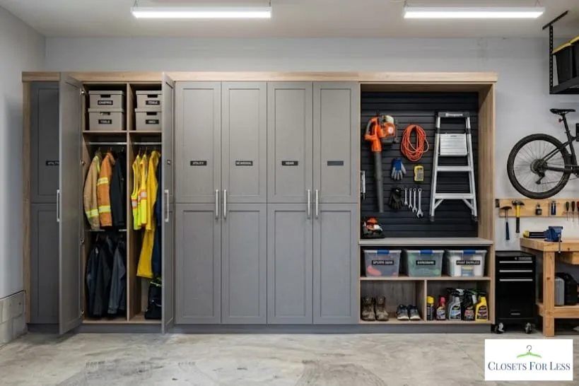 Custom garage storage system with gray cabinets, labeled bins, work gear storage, tool wall, ladder, bike rack, and organized utility shelves