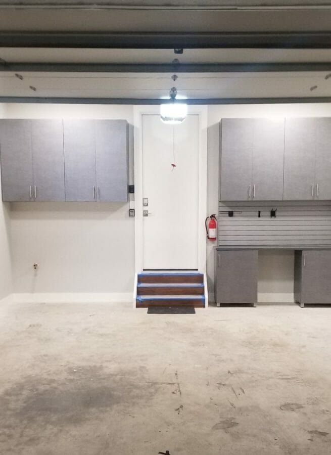 Garage wall cabinets workbench, installed by Closets For Less