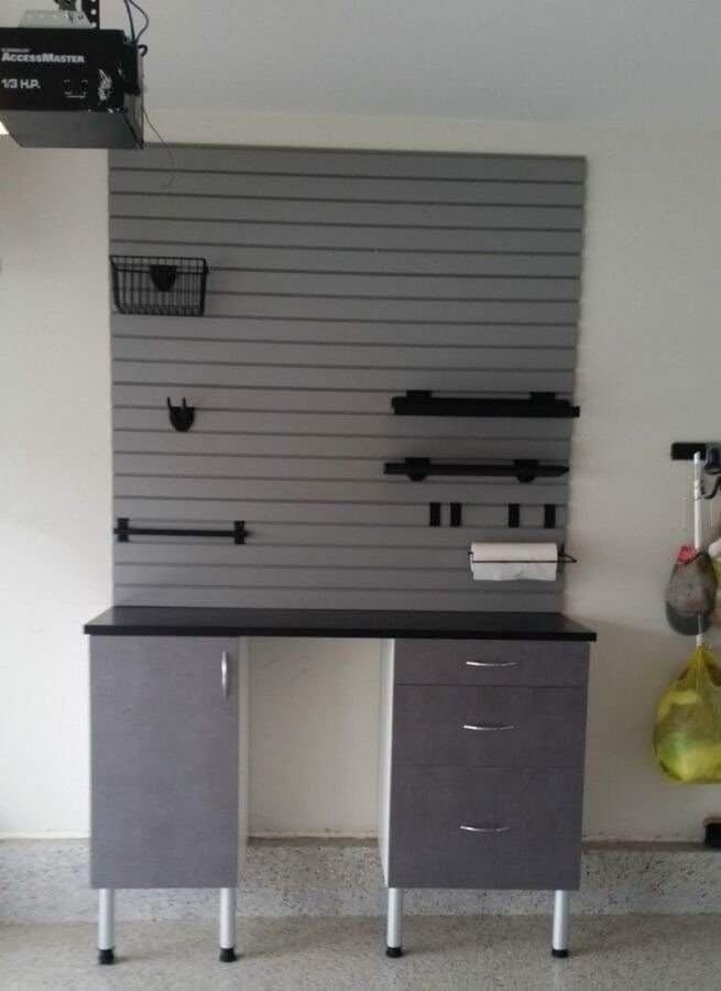 Garage workbench slatwall, installed by Closets For Less