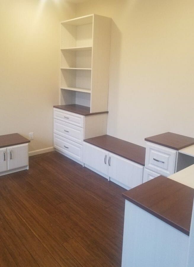 Home office window bench shelving, installed by Closets For Less