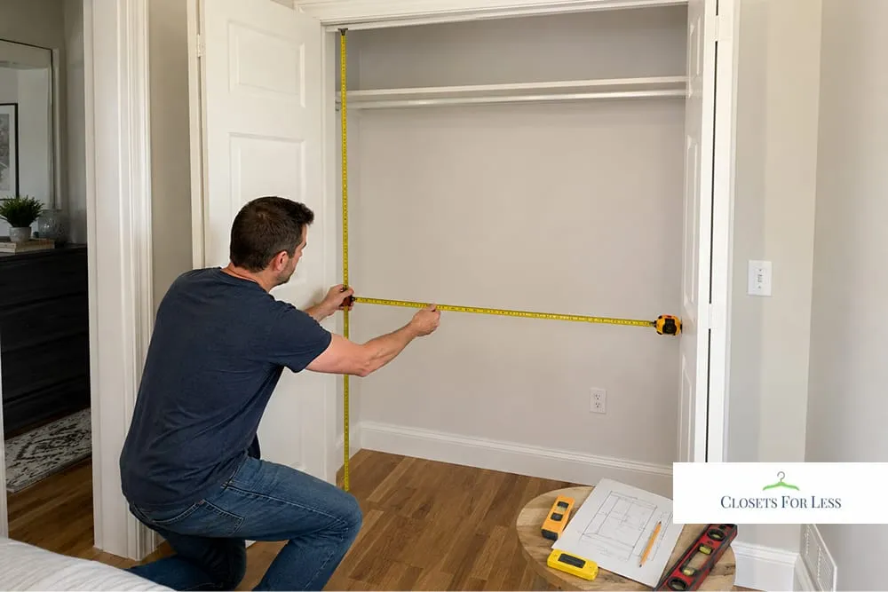 Man measuring a closet opening for a custom closet design with plans and tools nearby.