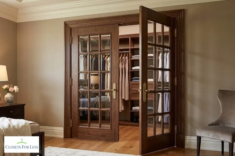 Bedroom view of wood-framed glass French doors opening into a walk-in closet with built-in shelving, drawers, and neatly hung clothing.