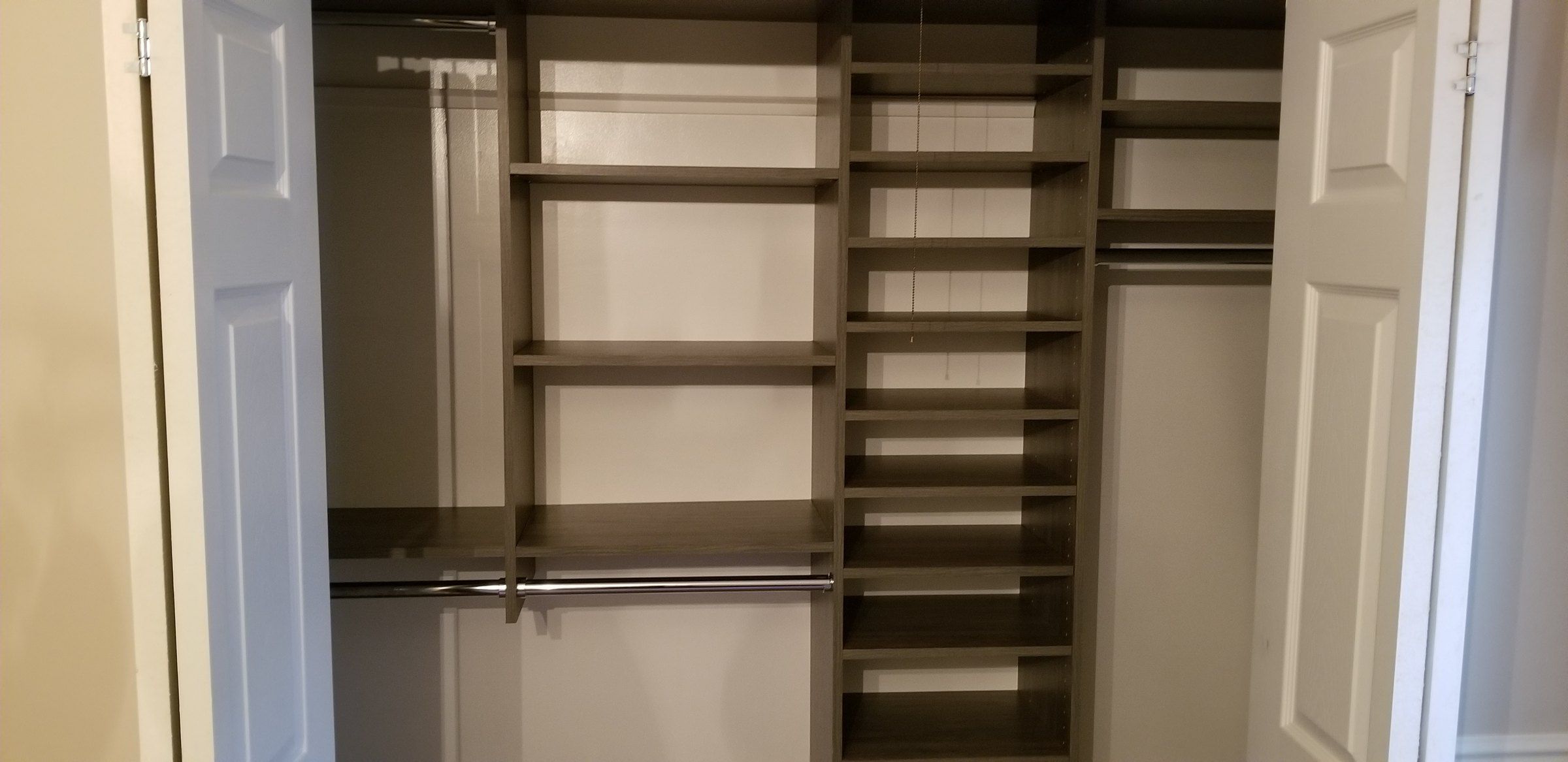Reach-in closet espresso double doors, installed by Closets For Less
