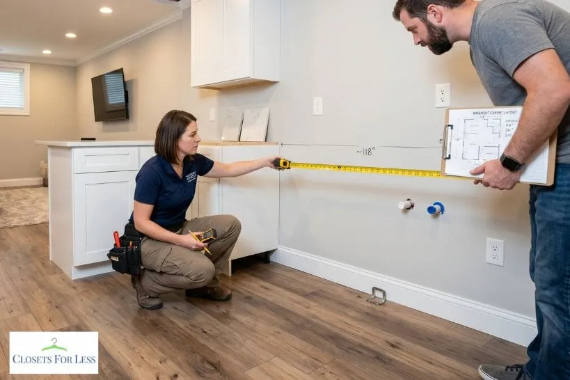 Contractors measuring a basement wall for custom cabinet installation.