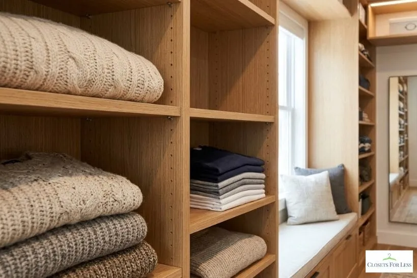 Custom walk-in closet with warm wood shelving and cubbies holding folded sweaters, plus a window seat and full-length mirror for organized storage.