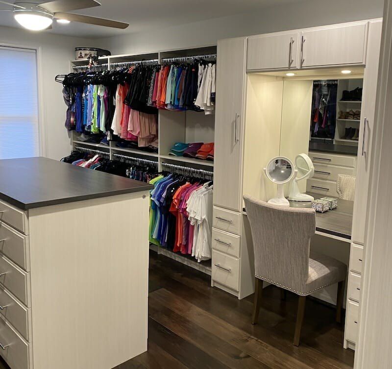 Walk-in closet makeup vanity, installed by Closets For Less
