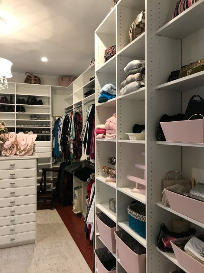 Walk-in closet open shelving drawers, installed by Closets For Less